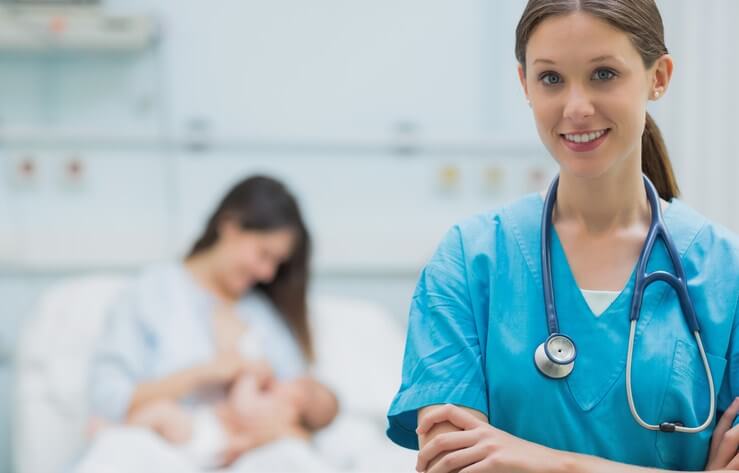 Woman breastfeeding baby and a physician