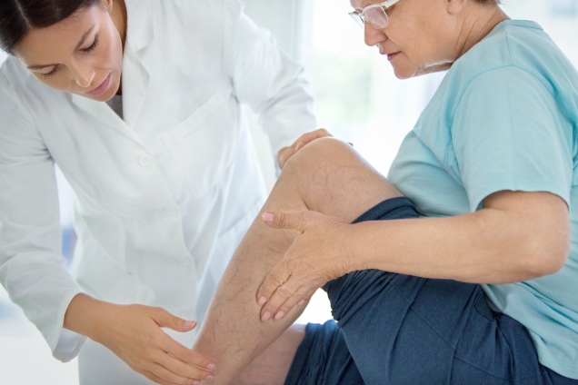Examing patient's leg